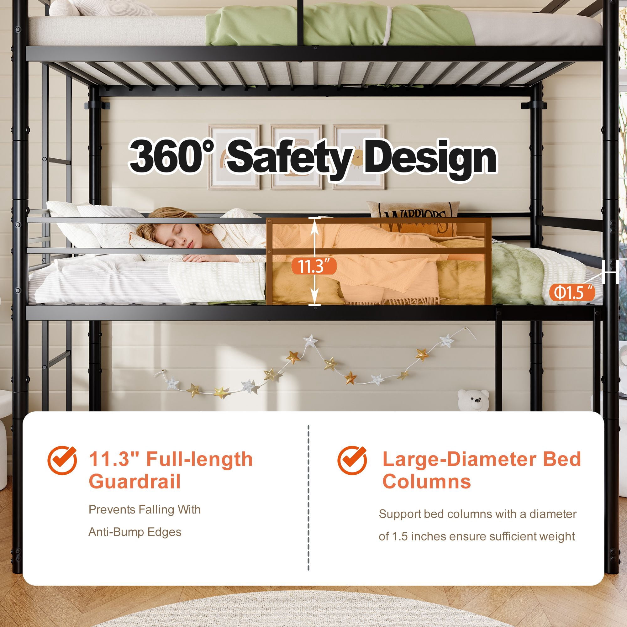 Alvantor Heavy Duty Triple Twin Metal Bunk Bed, 3-in-1 Convertible Frame, Black
