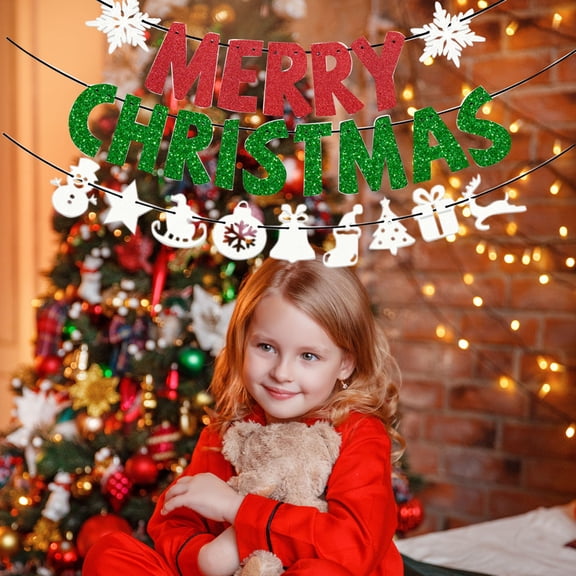 RoamHome Christmas Party Banner Merry Christmas Gold Glitter Paper Letter Banners Pull Flag Garland Decoration for Holiday Party Decor