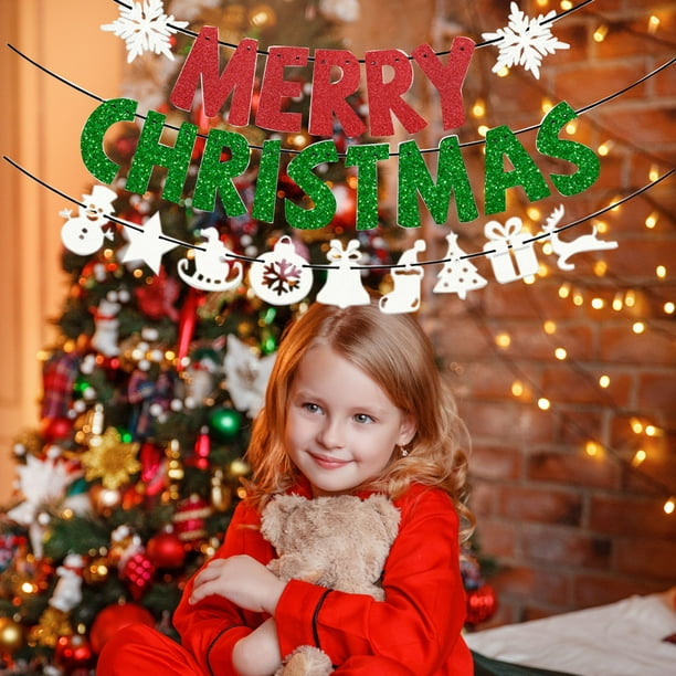 Christmas Party Merry Christmas Gold Glitter Paper Letter Banners Flag Decoration Pull Flower
