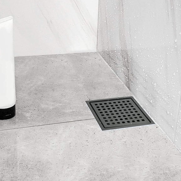 6 Inch Square Shower Floor Drain Stainless Steel Matte Black Bathroom Floor Drain with Grid Design