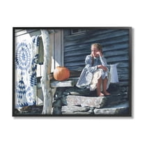 Stupell Industries Girl in Plaid Dress on Porch Geometric Quilt Design by Heide Presse, 16" x 20", Black Framed