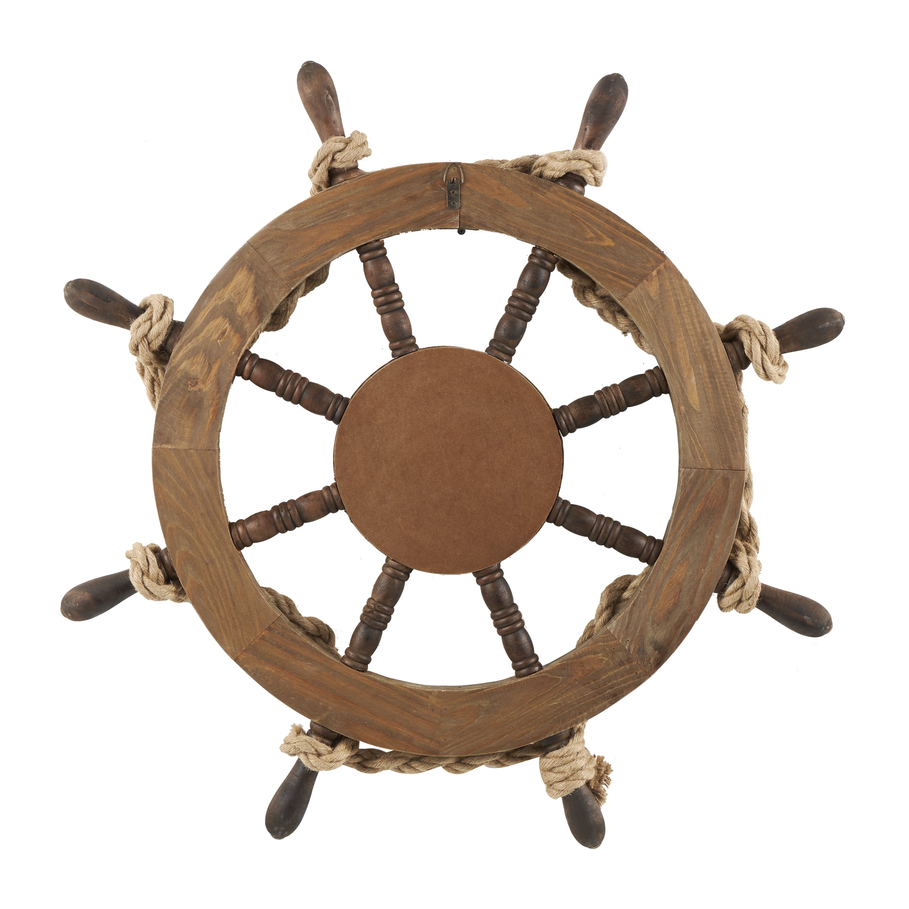 DecMode Brown Wood Handmade Ship Wheel Wall Decor with Rope and Shell Accents