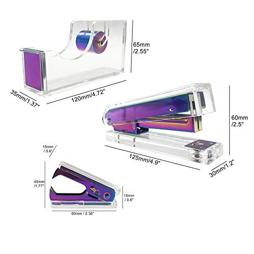 Clear Acrylic Rainbow Stapler Staples Remover Tape Dispenser Holder Set Office Desk Executive Manual Stationery Gift Kit for Desktop Accessories Supplies (Clear Acrylic Rainbow Ton