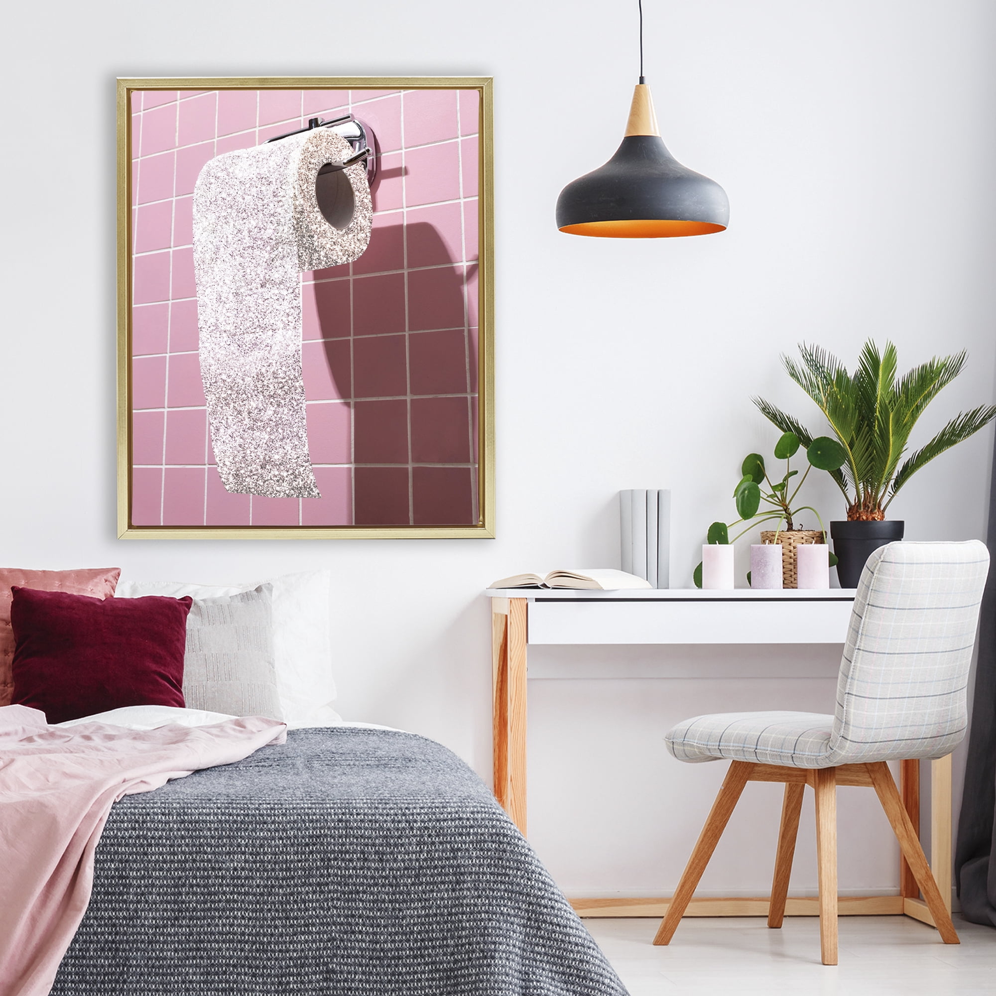 Stupell Industries Glitter Pink Toilet Paper Gold Framed Floater Canvas Wall Art, design by CAD Designs