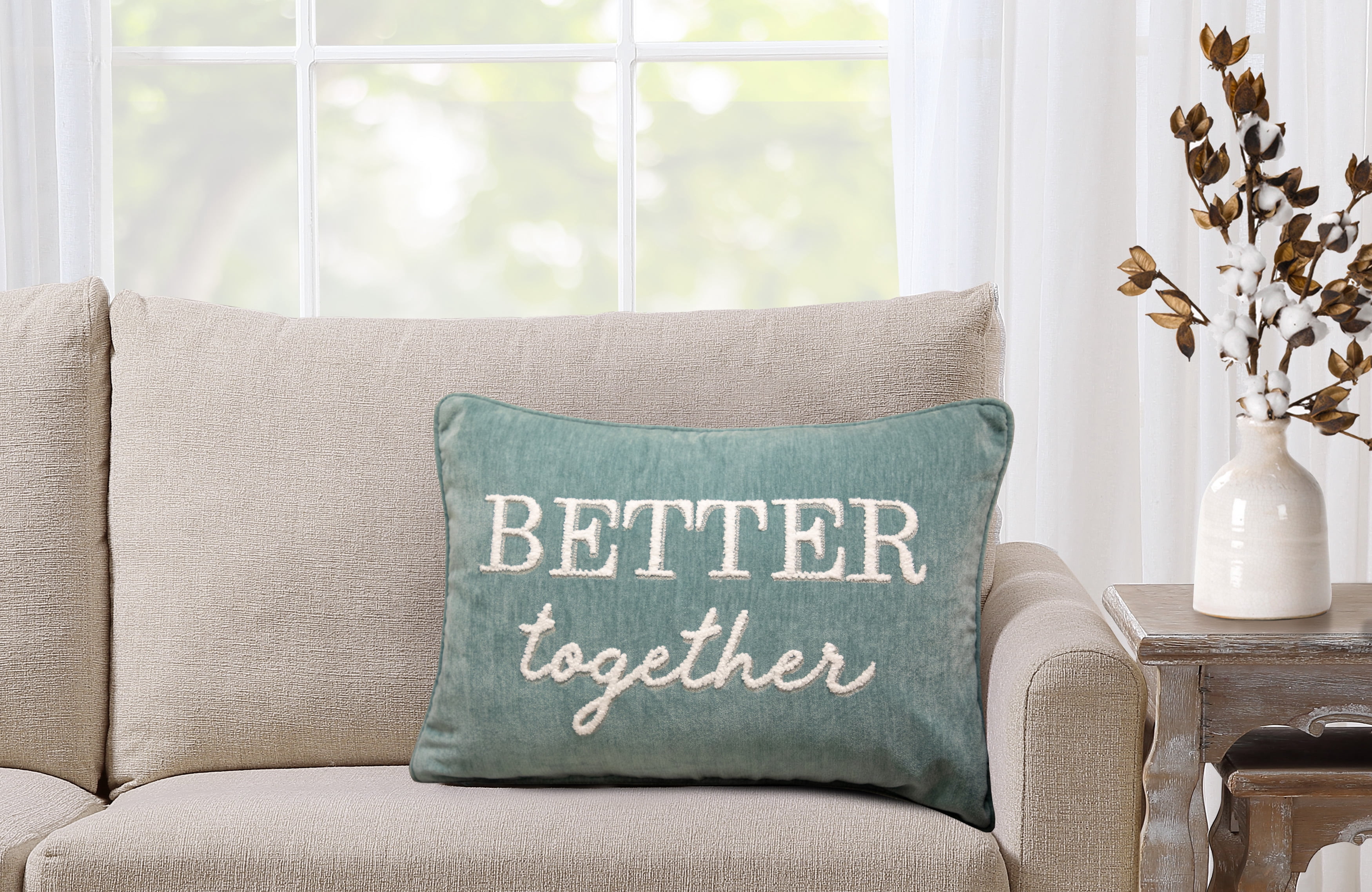 Better Homes & Gardens Decorative Throw Pillow, Better Together, Oblong, Aqua, 14" x 20", 1Pack