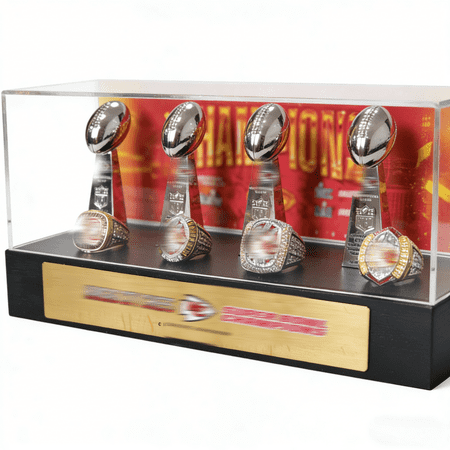 Kansas Ci Chi Super Bowl Trophy & Ring Display Set - 4-Piece Sports Collectible with Acrylic Case | N F L Fan Memorabilia for Man Cave/Desk Decor