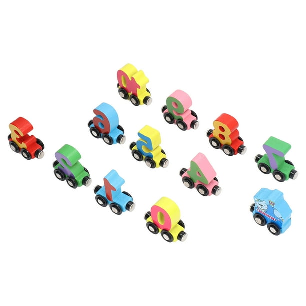 Juego de trenes de números sin rieles de madera, 12 piezas de madera magnética digital de madera magnético digital tren juguetes vagones de tren magnéticos para niños características de vanguardia
