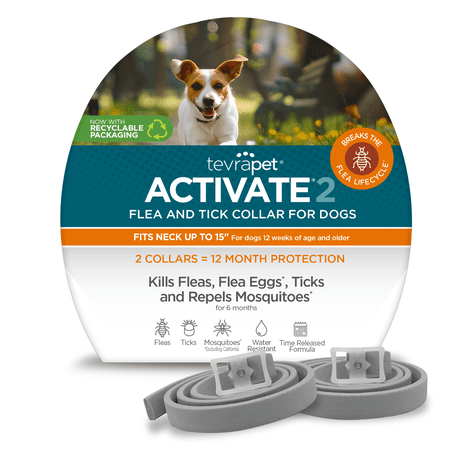 TevraPet Activate II Flea and Tick Collar for Small Dogs, 12 Months Prevention, 2 Count, Fits Up 15" Size Neck