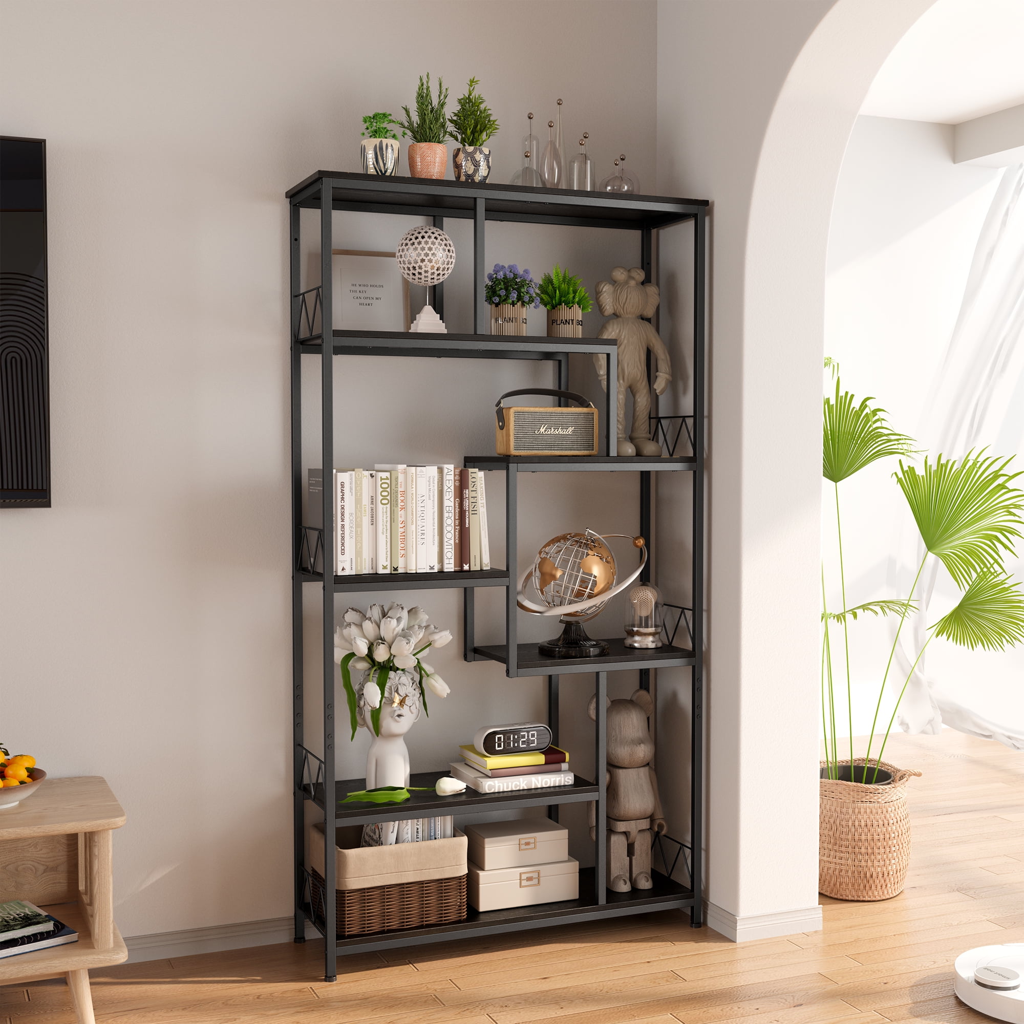 Lofka 71” Industrial Bookshelf, Tall Display Etagere 8-Shelves,Black ...