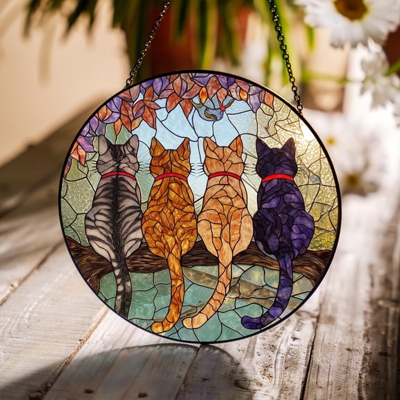 Colorful Cats Stained Glass Window Suncatcher – Vibrant Feline Glass Sun Catcher, Unique Cat Lover Window Art for Home or Pet Décoration