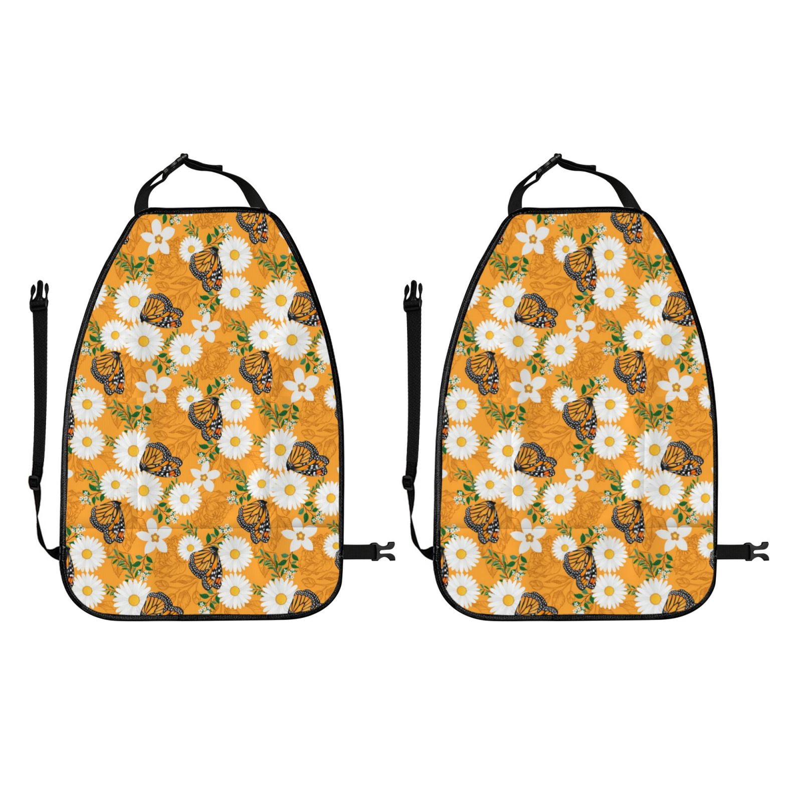 Kdxio White Floral and Butterflies Print 2 Pack Car Kick Mat Seat Cover Back Protector Mat with Pockets for Organizer Backseat Protector and Storage Anti Kick Pad for Vehicles