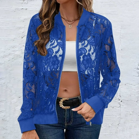 Homenesgenics Cardigans for Women Plus Sizes Ladies' Solid Color Scrub Jacket Lace Casual Jacket Blue S