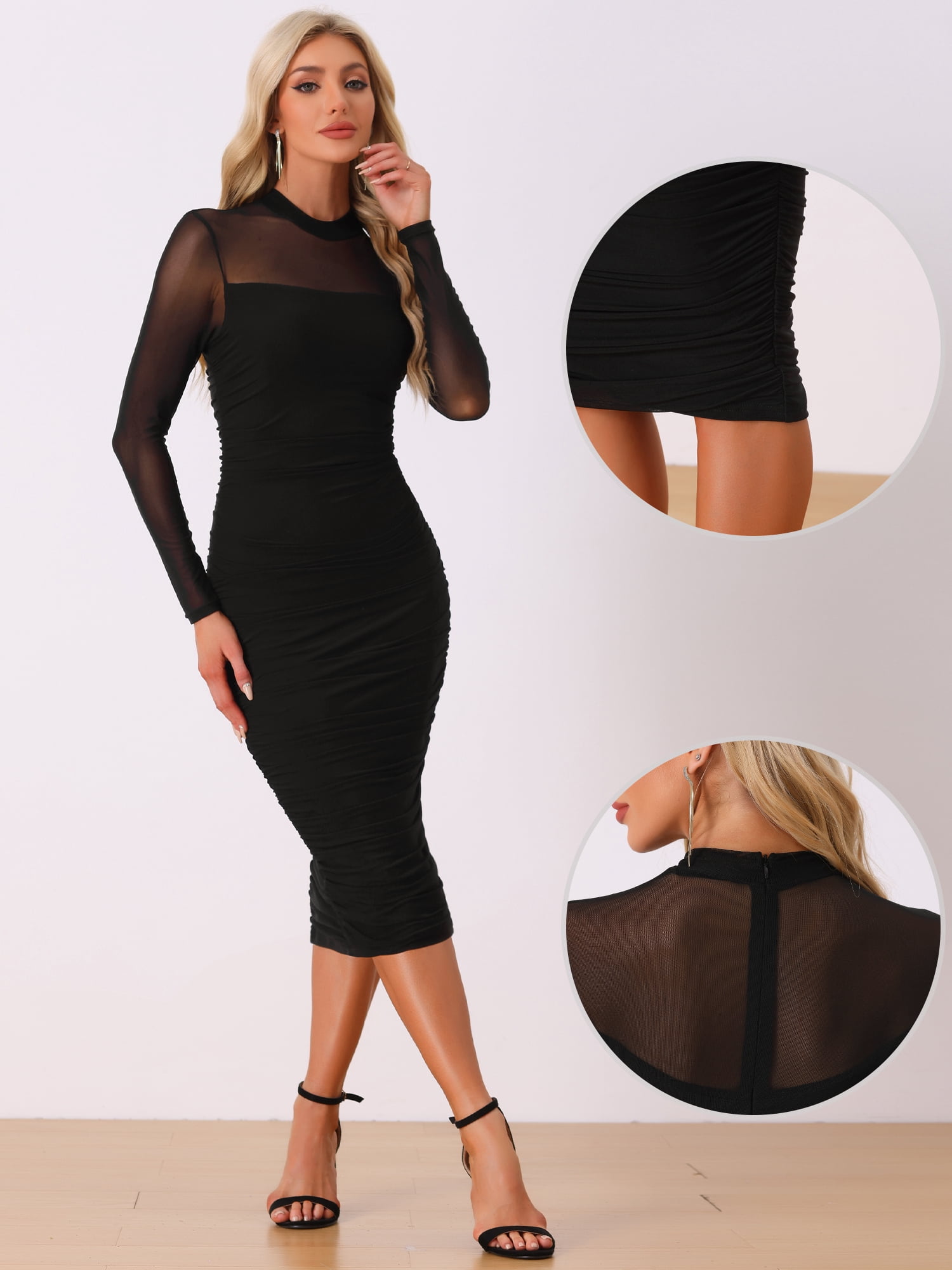 DARING DIVA Mesh Ruch Elegant Cocktail Bodycon Dress S Black