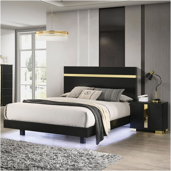 JERFIT Modern 3-Piece Full Bedroom Set with LED Lights, Nightstands, Acrylic Trim & Platform Bed Frame in Black