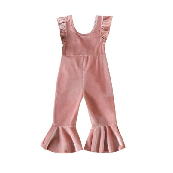 FAOWME Toddler Girls Ruffles Fly Sleeve Solid Color Romper Bell Bottoms Flare Jumpsuit Onesie RD2 12-18 Months
