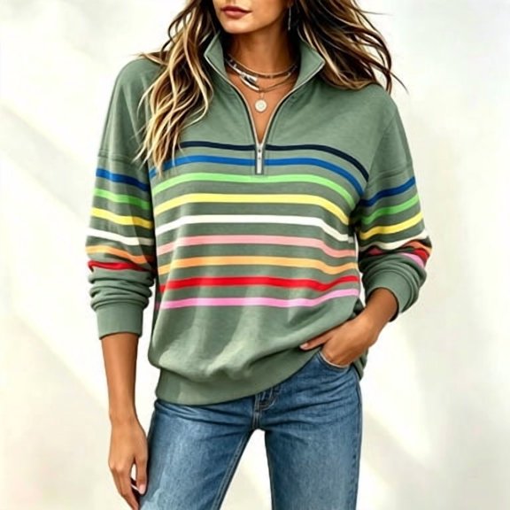 Ounisa Women's Half Zip Sweatshirt Striped Color Block Long Sleeve Pullover Tops Fall Casual Lightweight Shirts