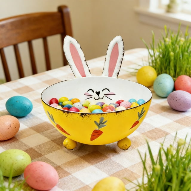 Cuenco de Caramelos en Forma de Conejo de Pascua | Cuenco decorativo metálico | Recipiente decorativo para regalos navideños | Amarillo, blanco | Acento festivo caprichoso | 23x15cm | 1 pieza