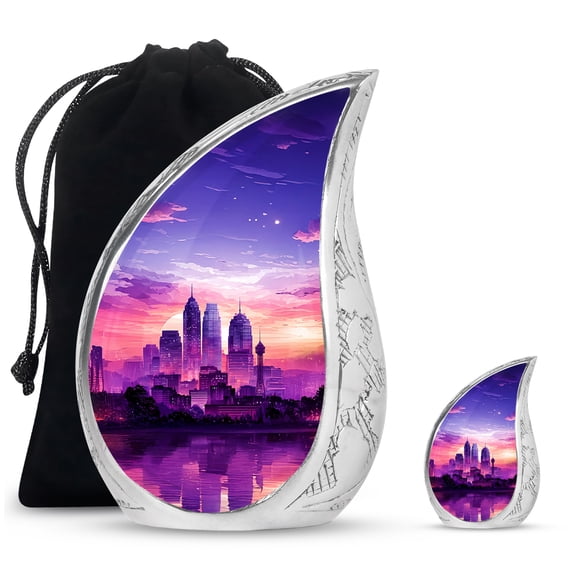 Purple City Skyline Mini Urns For Human Ashes Adult Women - Large Cremation Urns For Men Ash - Cremains Urn Ashes - Decorative Gifts For Unique Urn 10Inch And 3Inch Keepsake