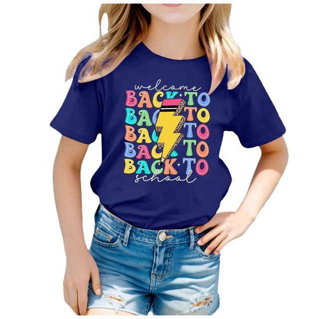Chemises pour Fillettes Rentrée des Classes Saison Graphique Col Rond Manches Courtes Été Hauts pour Filles, T-Shirts Marine 3 Ans-4 Ans