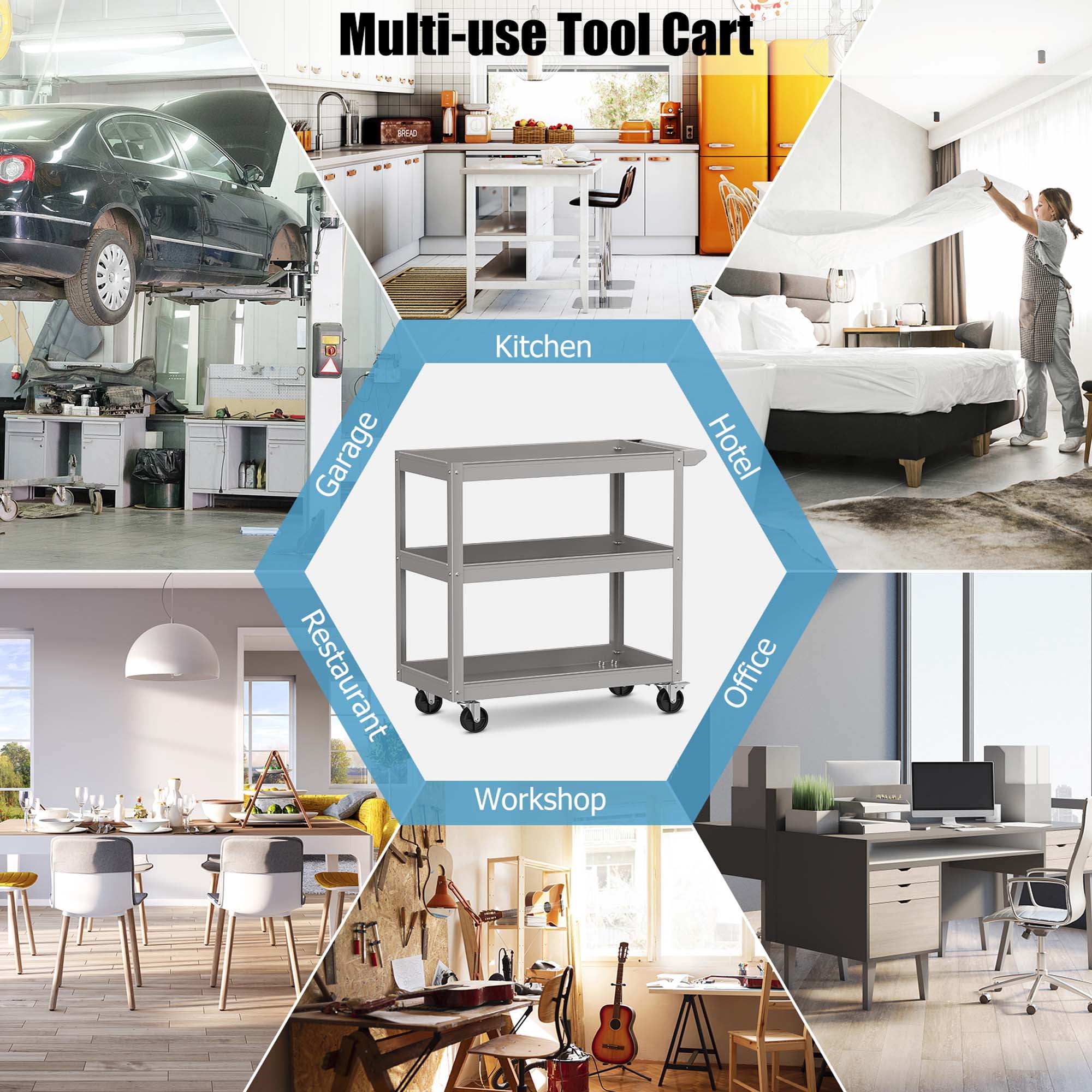 Costway 3-Tier Metal Utility Cart 400 lbs Storage Service Trolley Tool Storage Gray