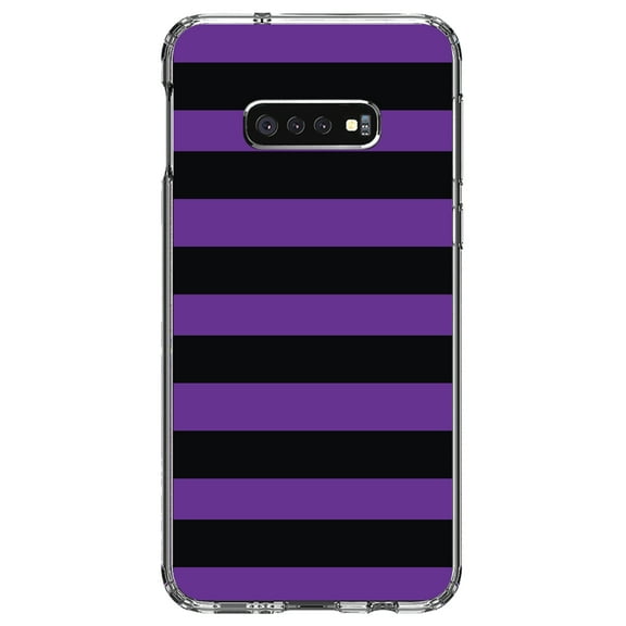 DistinctInk Clear Shockproof Hybrid Case for Samsung Galaxy S10e (5.8" Screen) - TPU Bumper, Acrylic Back, Tempered Glass Screen Protector - Black & Purple Bold Horizontal Stripes