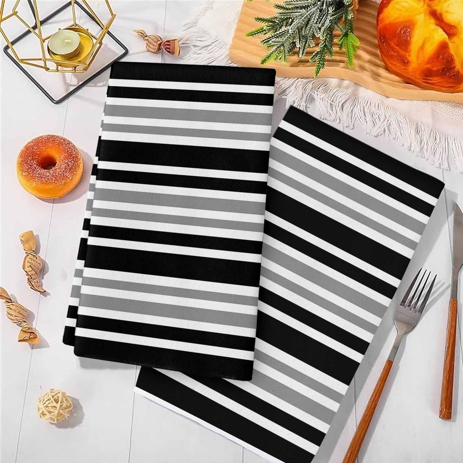 Dish Towels, Gray Black Stripes Absorbent Kitchen Towels 2 PCS, Contrast Striped Microfiber Hand Towels Dish Cloths Tea Towels for Home&nbsp;Bathroom Cleaning Drying,18X28-Inch,