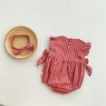 thumbnail image 5 of Rhuody Spring Romper For Girls Crewneck Long Sleeve Baby Girls Romper Jumpsuit Outfit Thin Lace Embroidery Gingham Playsuit With Headband For Classic Wear Red 0-3 Months, 5 of 9