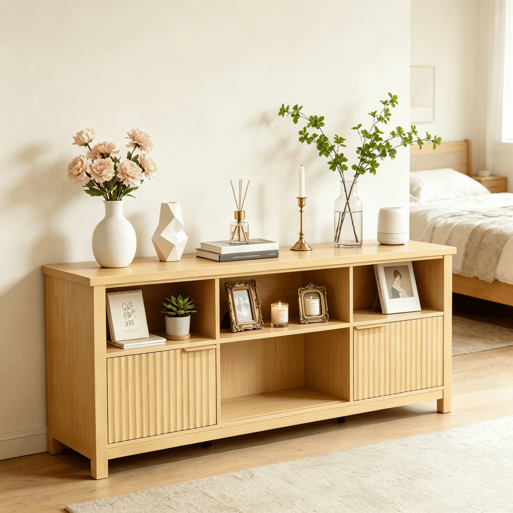 TV Stand with 4 Open Cubbies & 2 Fluted Hinged Storage Doors, Adjustable Inner Shelves, Cable Management Holes, Media Console Cabinet for Living Room Bedroom, 58.07" x 14.96" x 27.36"