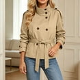 thumbnail image 6 of AKOEE Cropped Trench Coat for Women with Belt Double Breasted Short Jacket High Collar Long Sleeve Outerwear (M, Khaki), 6 of 8