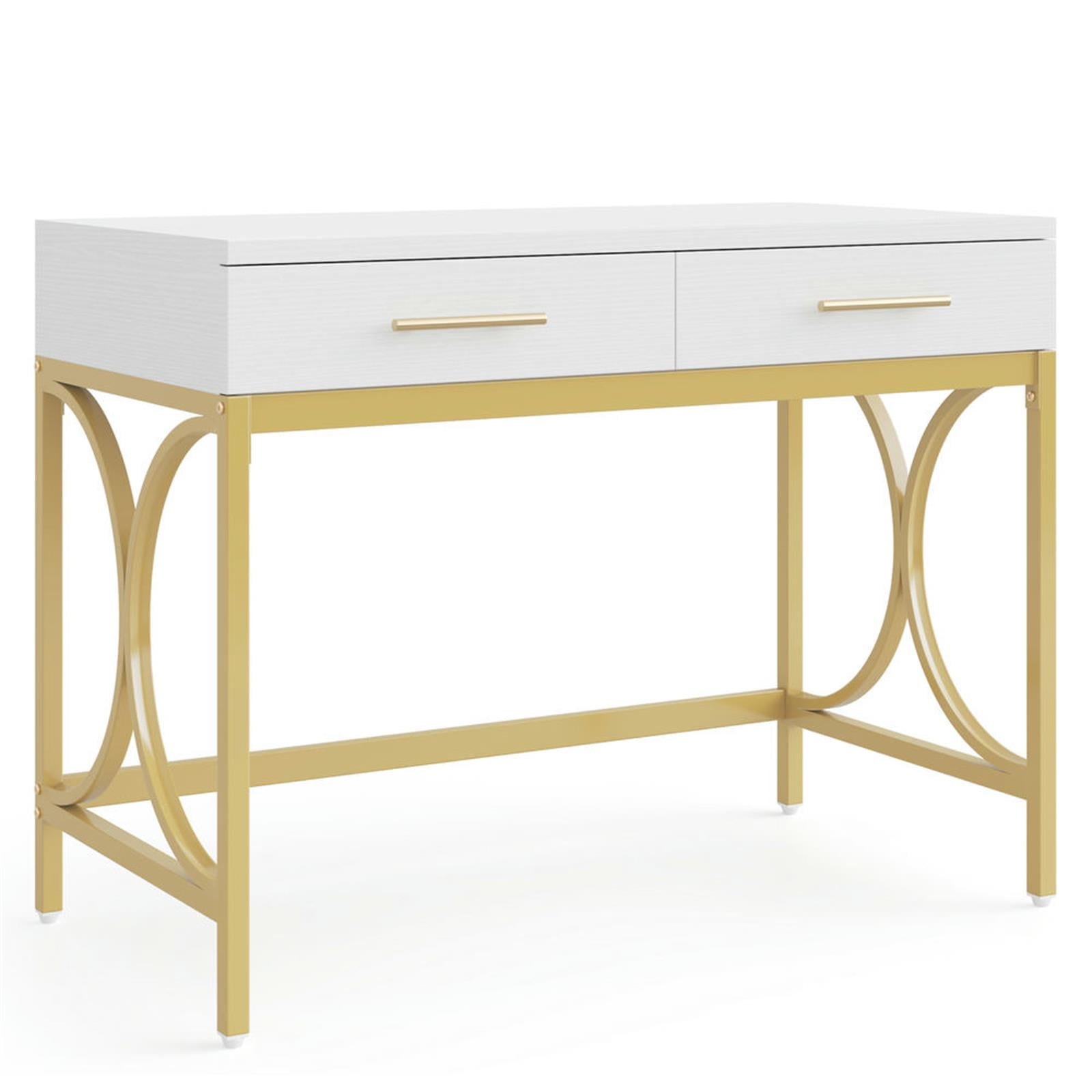 Demi Bonn 41" Computer Desk with 2 Storage Drawers and Gold Legs, Modern Study Writing Gaming Table for Home Office, Makeup Vanity Desk, White
