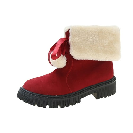 

Qufokar High Heeled Boots for Women Womens Winter Boats Ladies Fashion Suede Bowknot Wool Ball Decorative Medium Boots Coarse Heel Plush Coarse Heel Cotton Boots