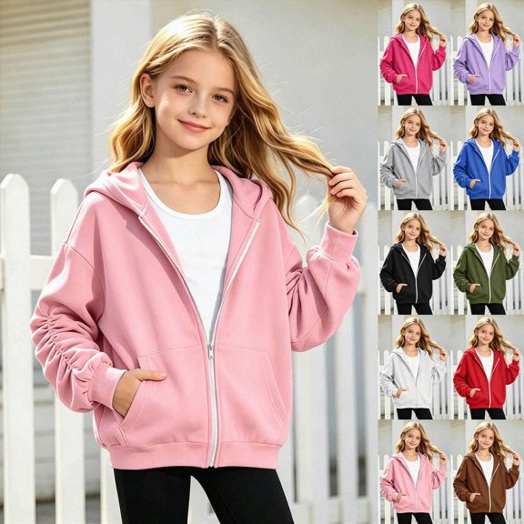 felwors Girls Lightweight Zip-Up Hoodie for Kids Soft Casual Hooded Sweatshirt (Pink,6-7 Years)