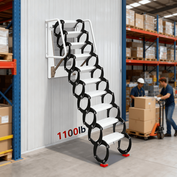 12FT Attic Ladder Pull Down System, 12-Step 1100LBS Al-Mg Alloy Collapsible Ladder Pull Down Attic Ladder, Wall-Mounted Folding Stairs for Attic Retractable Attic Stairs with Armrests (New)