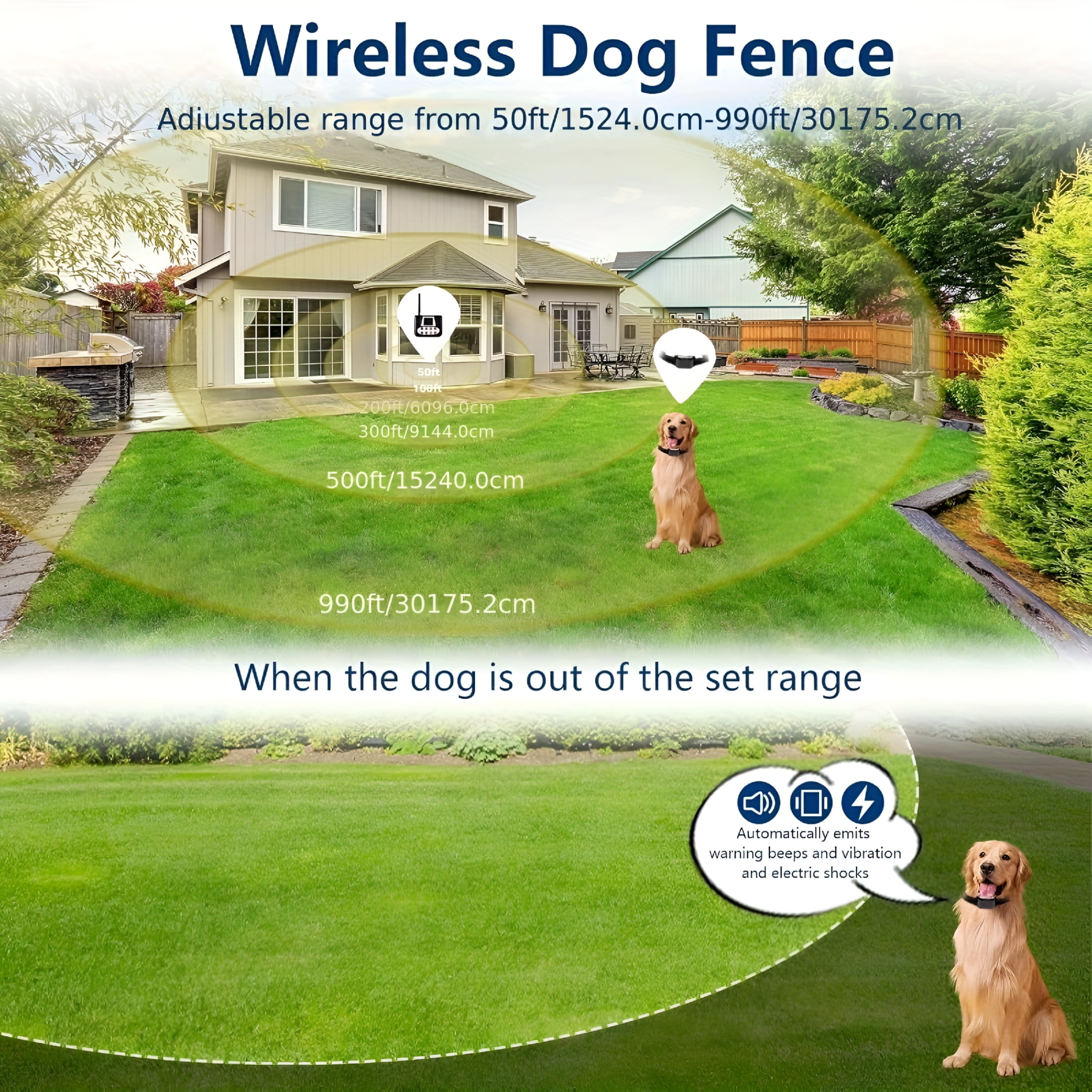 GJX Wireless Dog Fence System for 1-3 Dogs with Training Collar-Adjustable Boundary Containment Rechargeable Battery&Dual Power Shock/Vibration/Sound Modes Real-Time Monitoring Indoor/Outdoor