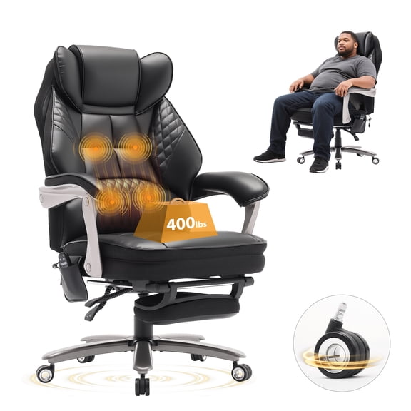 EOP Massage Office Chair with Heat and 4 Vibration Points, Big and Tall Executive Desk Chair with Adjustable Footrest, Black