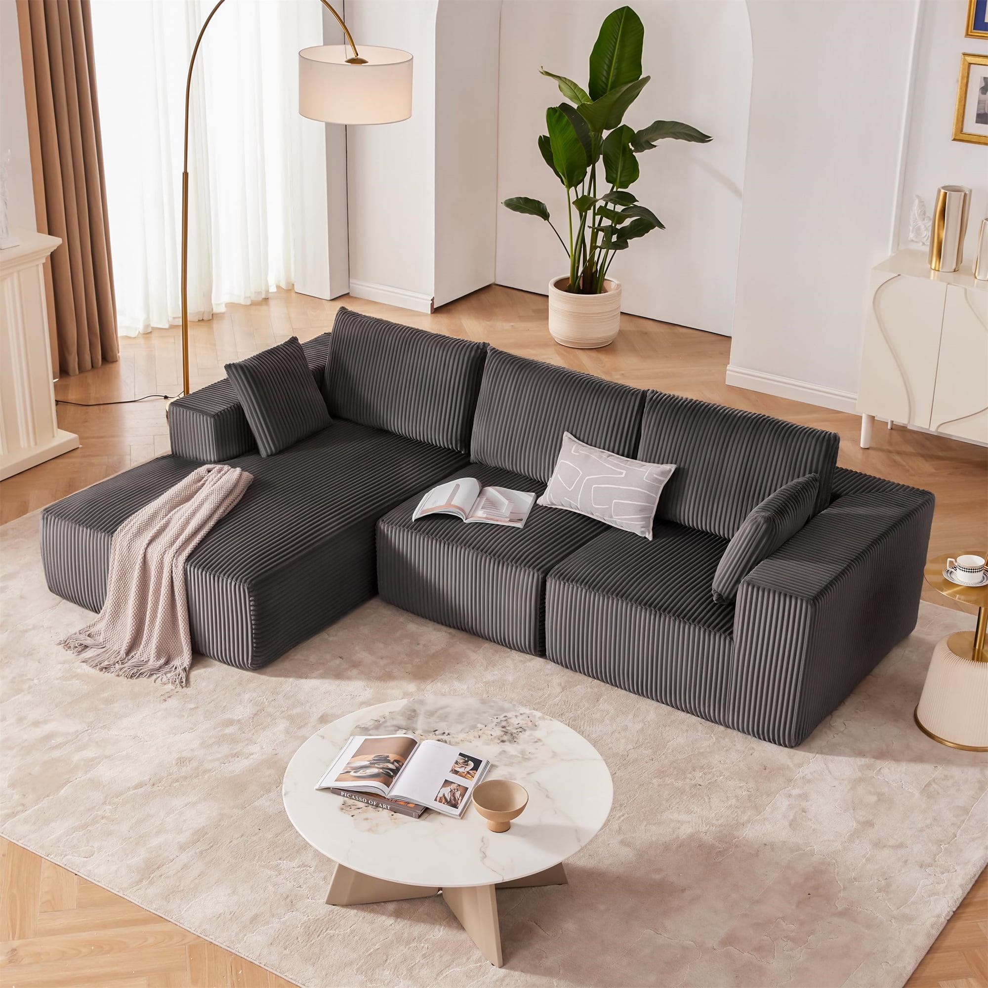 Aukfa 104" Cloud Sectional Sofa Modular Boneless Couch for Living Room, 5 Pillows, Corduroy, Gray
