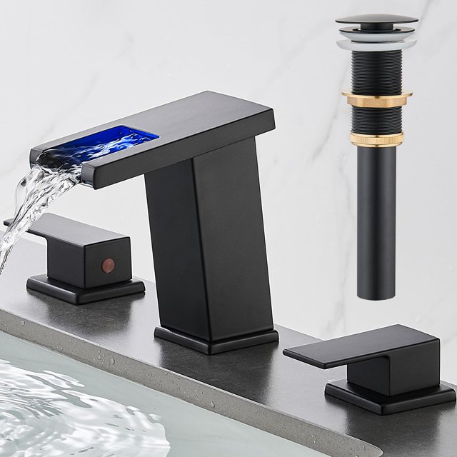 AVSIILE LED Bathroom Faucet 3 Hole, Matte Black Waterfall Bathroom Faucets, 8 Inch Widespread Modern Bathroom Sink Faucet & Parts, Wide Spread Touch On Three Hole 2
