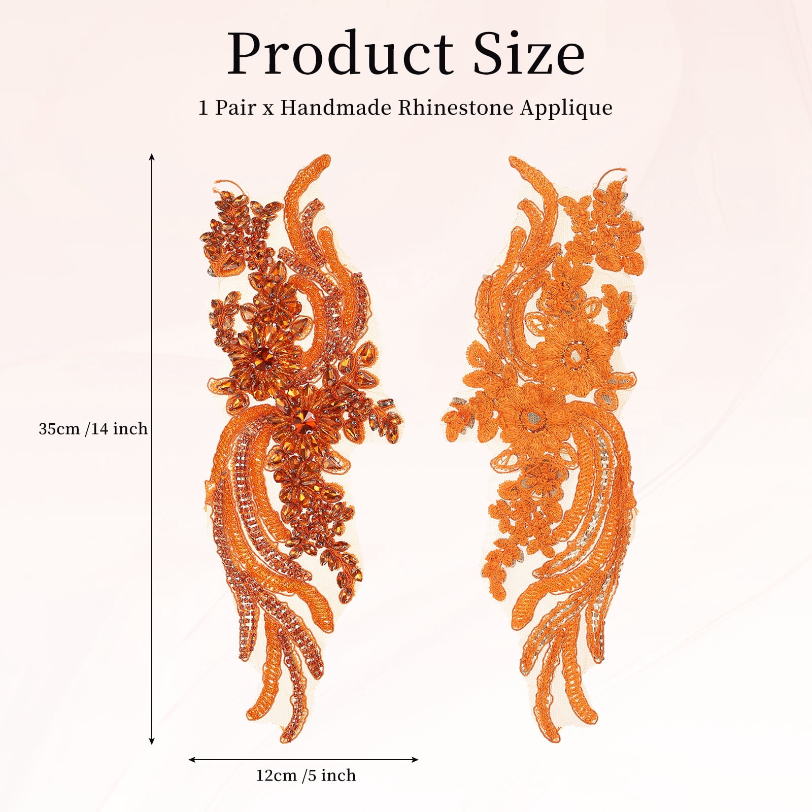 Uxcell 1 Pair Handmade Rhinestone Applique Patch, 14" x 5" Beaded Embroidery Sequin Patches for Sew on Wedding Dress Cloth DIY Crafts Decoration, Orange