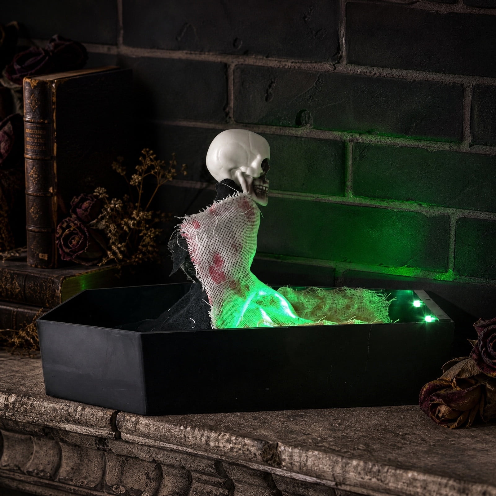 Rourlinge Halloween Animated Skeleton Up Coffin Decoration with Green LED Lights Creepy Rising Skull Prop for Indoor Outdoor Spooky Party Decor