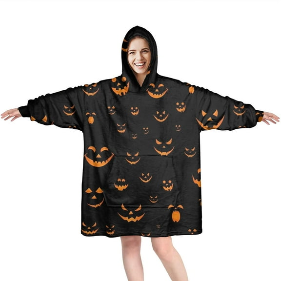 Wearable Oversized Blanket,Black Halloween Pumpkin Faces Wearable Blanket Hoodie for Adults,Cozy Hooded Blankets with Super Pockets,Super Warm Fuzzy Pullover for Women & Men