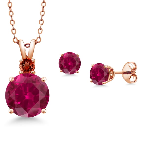 Gem Stone King 18K Rose Gold Plated Silver Round Red Created Ruby and Red Garnet Pendant and Earrings Jewelry Set for Women (5.40 Cttw, Gemstone Birthstone, with 18 inch Chain)