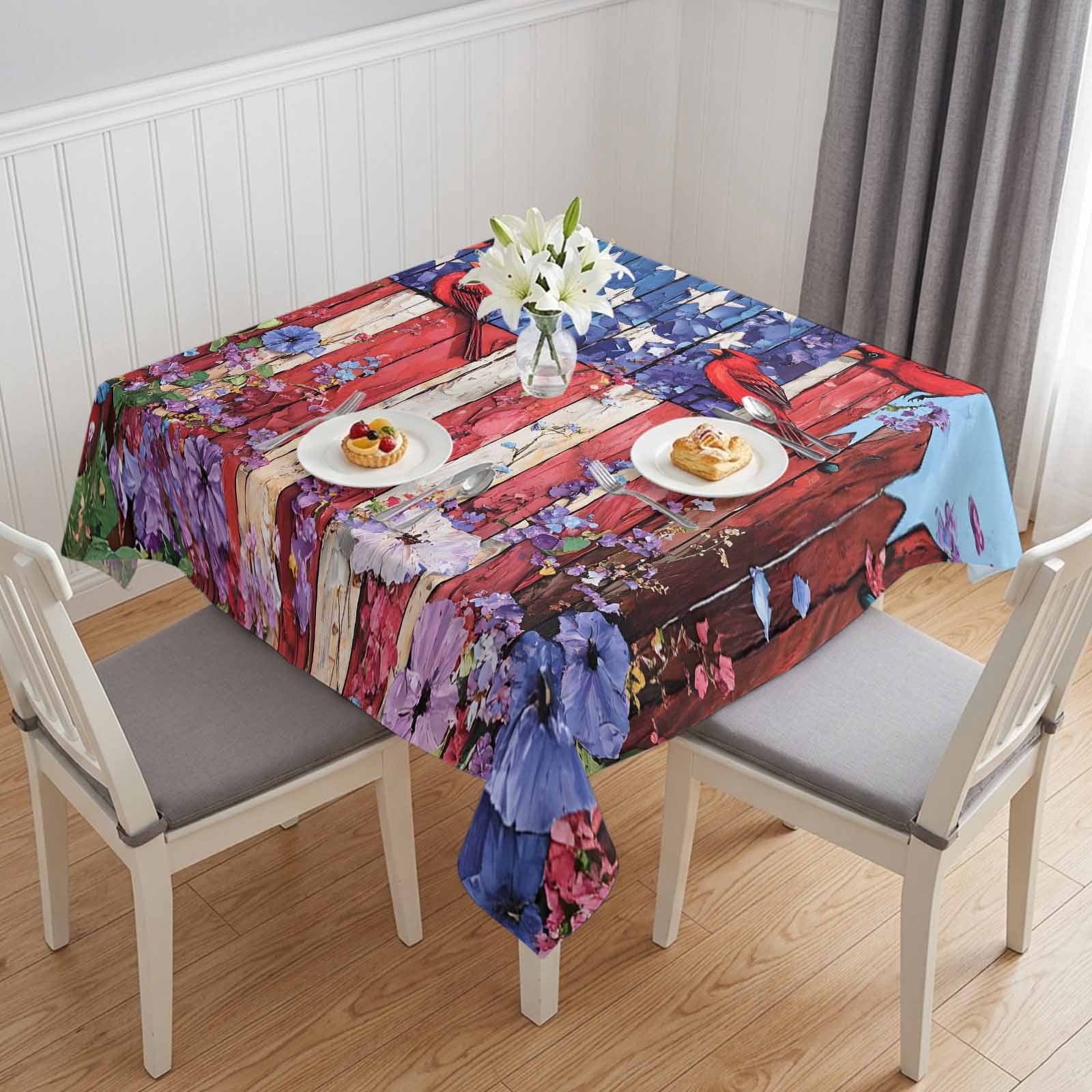 Square Tablecloths, 4th of July Retro USA Flag Bird Waterproof Table Cloths, Red Blue White Wood Floral Spillproof Decorative Dining Table Covers for Kitchen,Indoor Outdoor Parties, Camping 54x54in