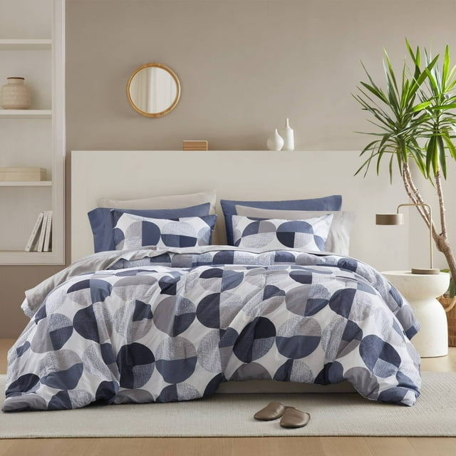 Regency Heights Ensemble de Douillette Format Grand, Ensemble de Lit 9 Pcs Grand, Ensemble de Literie à Imprimé Géométrique Rond avec Draps, Bleu Marine