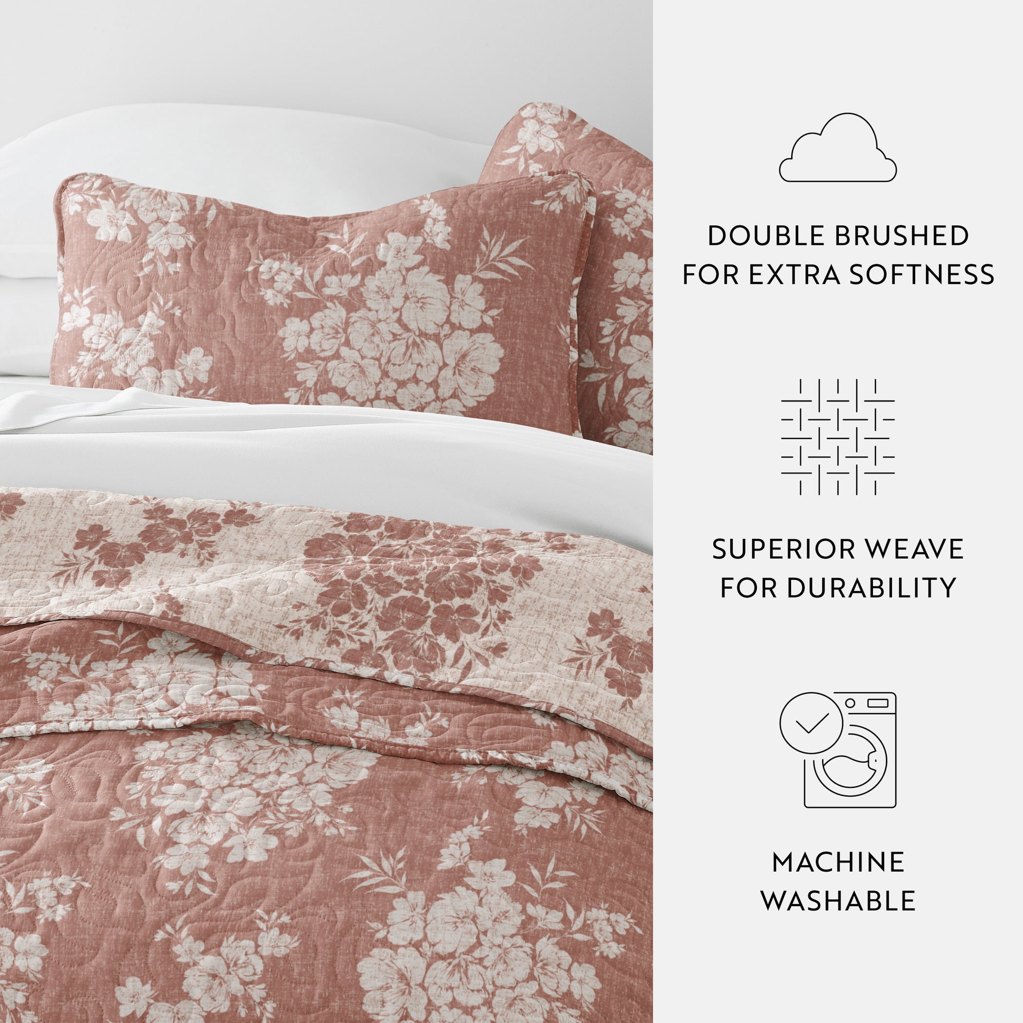 Noble Linens 3-Piece Terracotta Distressed Bouquet Reversible Quilt Set, Twin