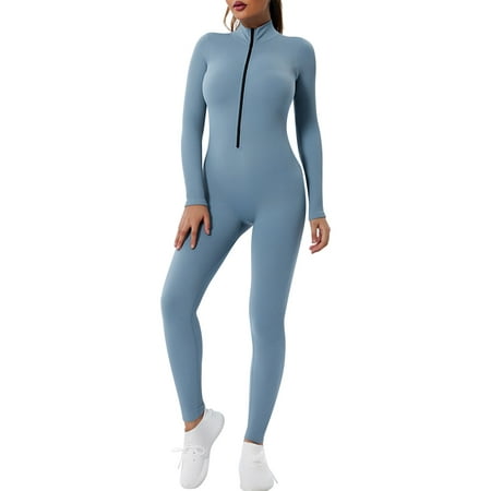 

One Piece Jumpsuits For Women Custom Sports Lady Turtle Neck Solid Color Bodysuit Bodycon Long Sleeve Half Zip Up Romper Blue L