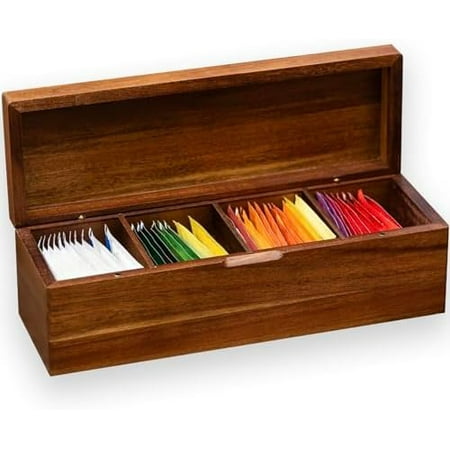 Acacia Wooden Tea Bag Organizers, Tea packet Storage Boxes, Tea Caddy for Tea Bags Chest, Teabag Holder Containers, Teabox Station Display, Organizador De Tes Caja Para Te, 4 Compartments$$Home Decor