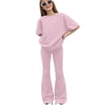 thumbnail image 4 of SGMVNU Tween Girls Clothes 2 Piece Summer Outfits Short Sleeve Casual Loose Tops and Flare Pants Matching Clothing Sets, Size 11-12 Years, Pink, 4 of 5