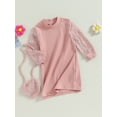 thumbnail image 3 of Bagilaanoe Little Girl Fall Ribbed Dress Plush Long Sleeves Dresses + Shoulder Bag 4T 5T 6T 7T Kids Pink Casual Clothes, 3 of 8