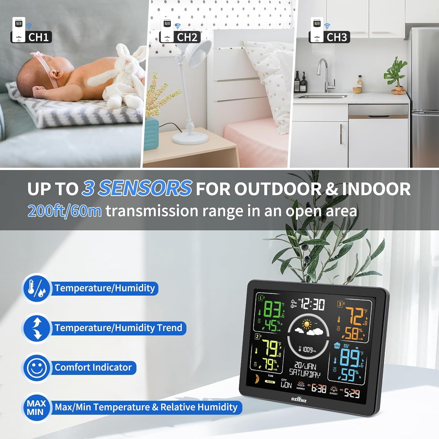 Weather Station Indoor Outdoor Thermometer Wireless with Multiple Sensors, VA Color Display Atomic Clock, Weather Forecast, Temperature, Humidity, and Adjustable Backlight