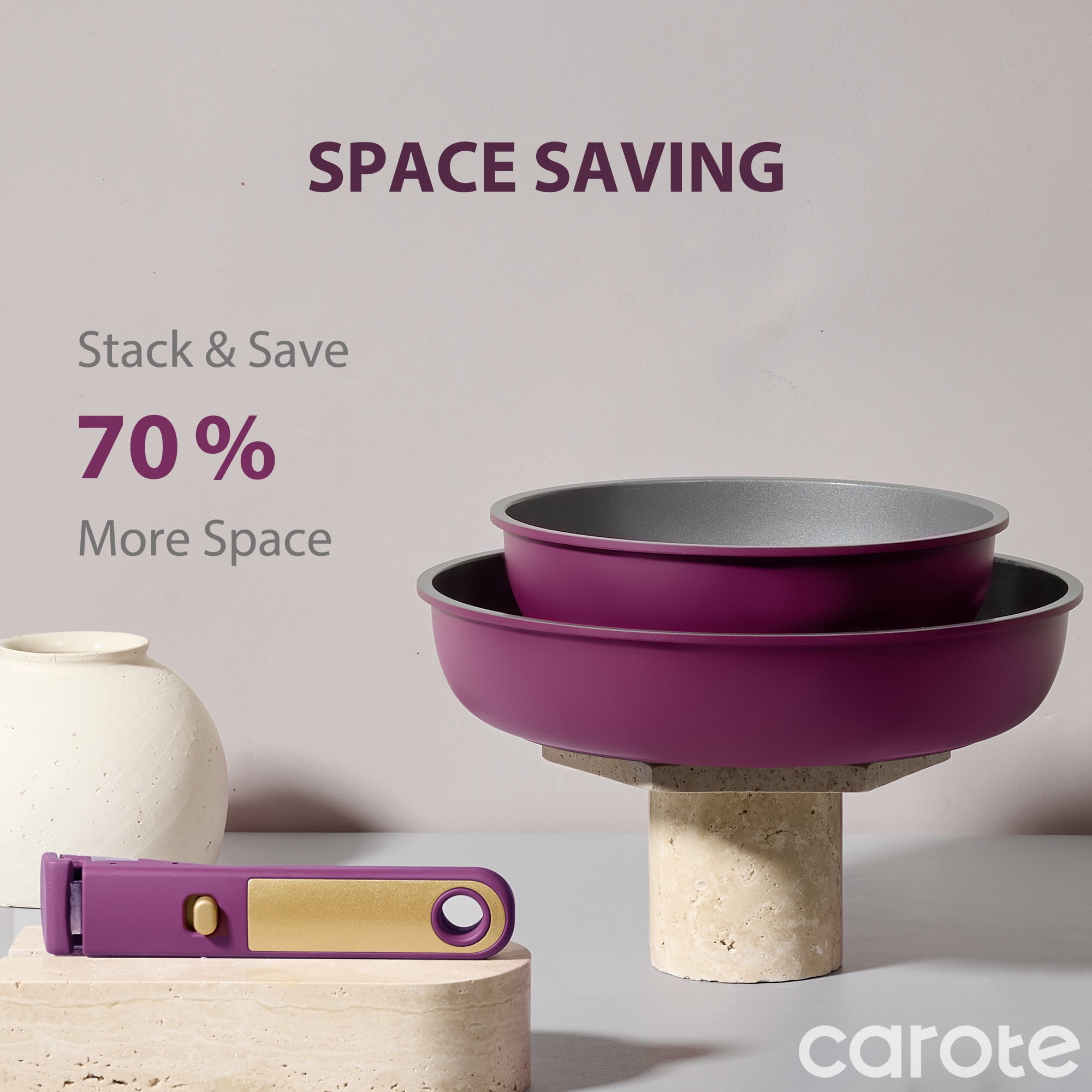 Carote Ceramic Nonstick Detachable Pots and Pans Set, 3 Pieces Non Toxic Cookware Set with Induction, Oven/Dishwasher Safe, Easy for Storage, Magenta Purple